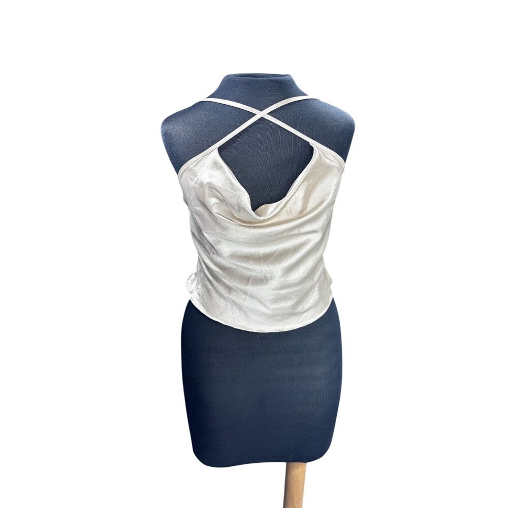 Strappy Satin Halter Top With Adjustable Back Strap & Drape Neck Design For Wome